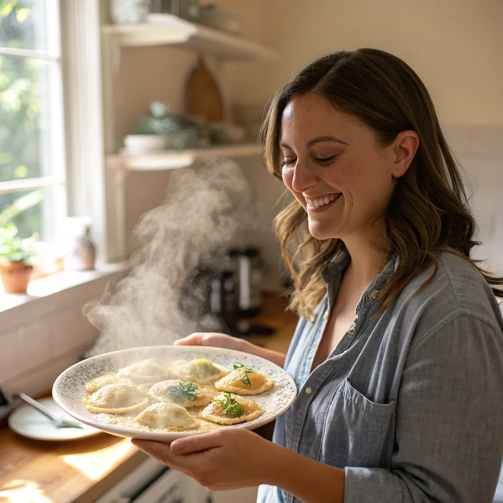 Emily Richards smiling while holding a freshly made plate of ravioli in her kitchen