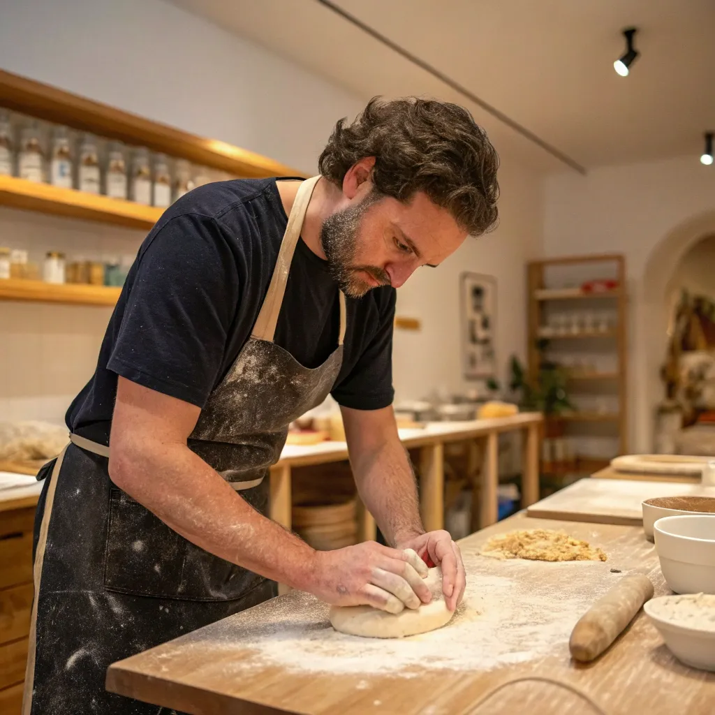 Michael Thompson at a pasta workshop, kneading dough