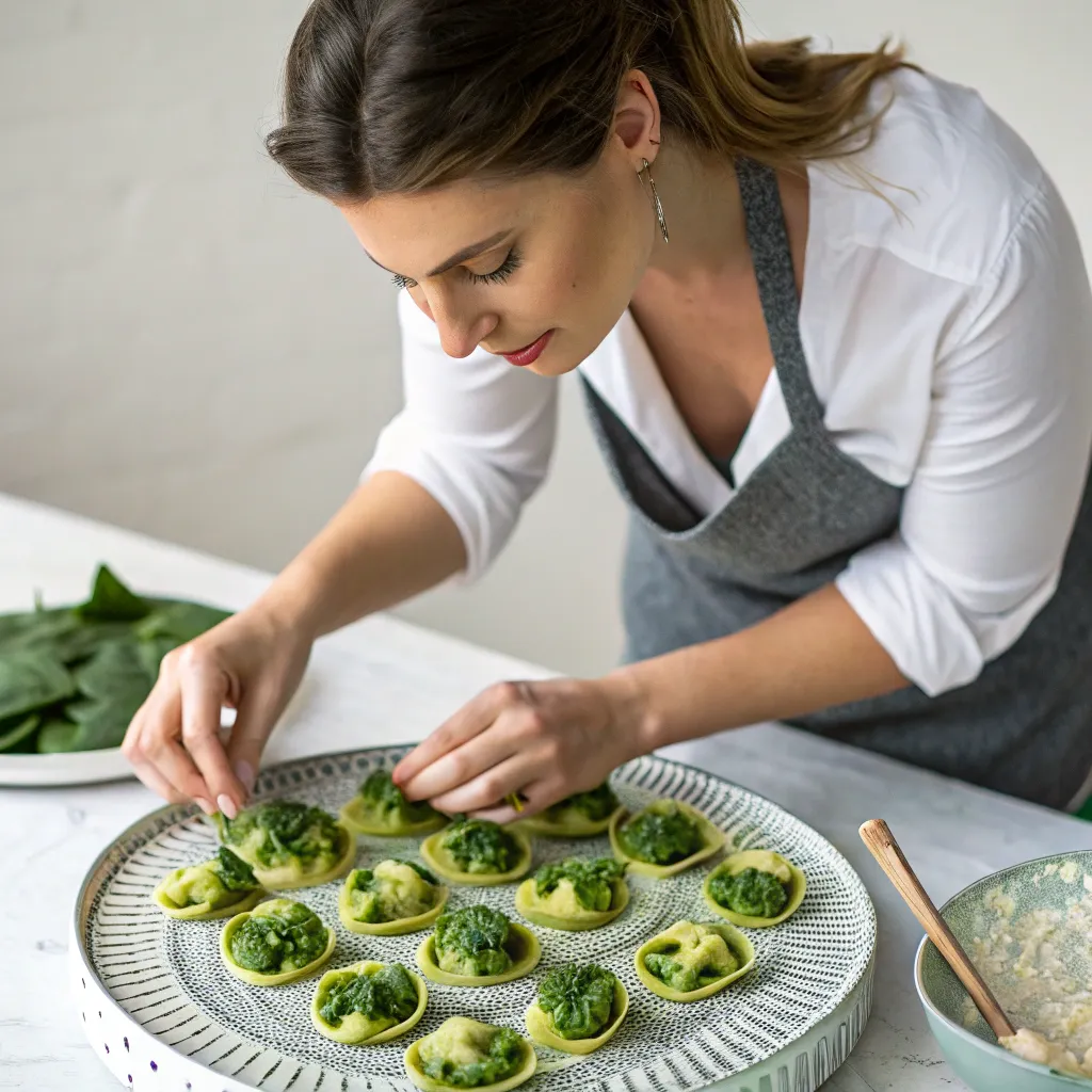 Sarah Lee arranging spinach tortellini on a stylish platter